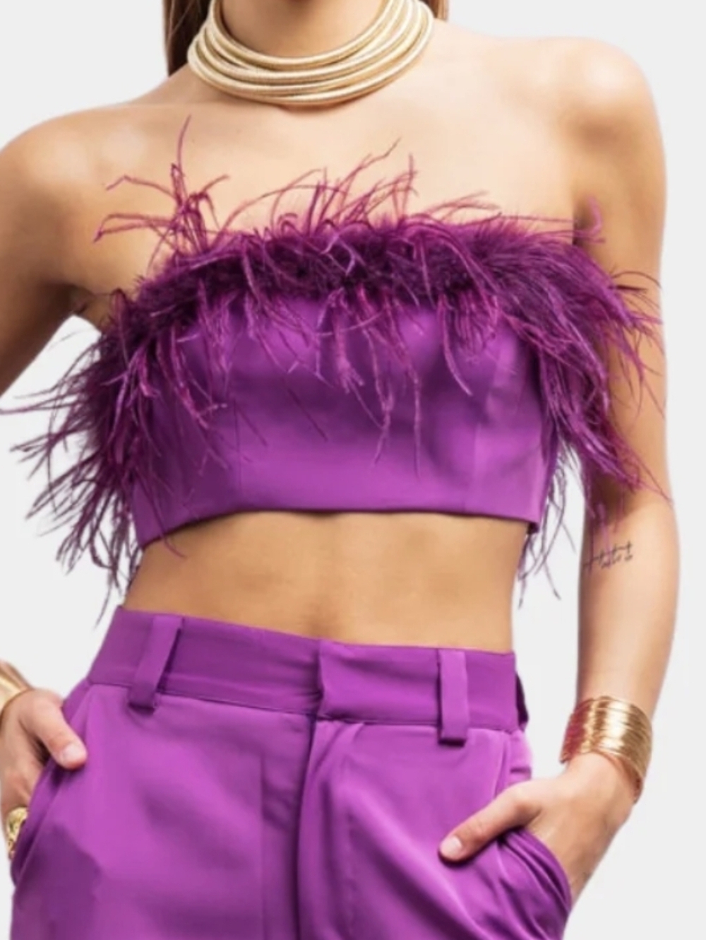 Fate Strapless Feather-Trim Crop Top in Vibrant Lavender